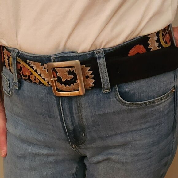 Guido Angeloni Vintage Black Suede + Leather Belt w/ Boho Design, Length 42"